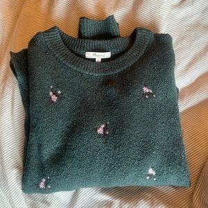 dark green madewell sweater with lavender flower embroidery